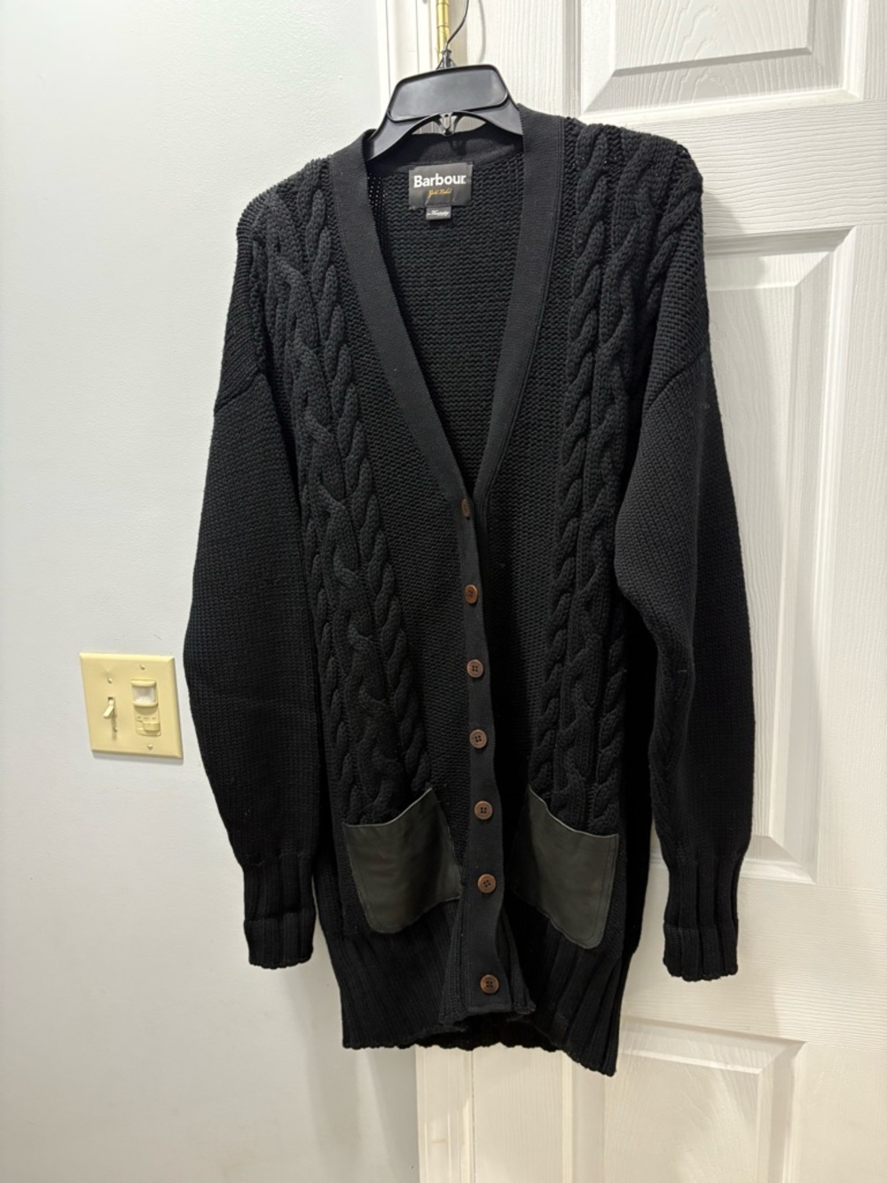 Barbour US Size 10 Merino Wool Cedar Chunky Cable Knit Cardigan Leather Pockets